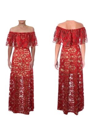 Bebe Red Off- Shoulder Lace Evening Gown
